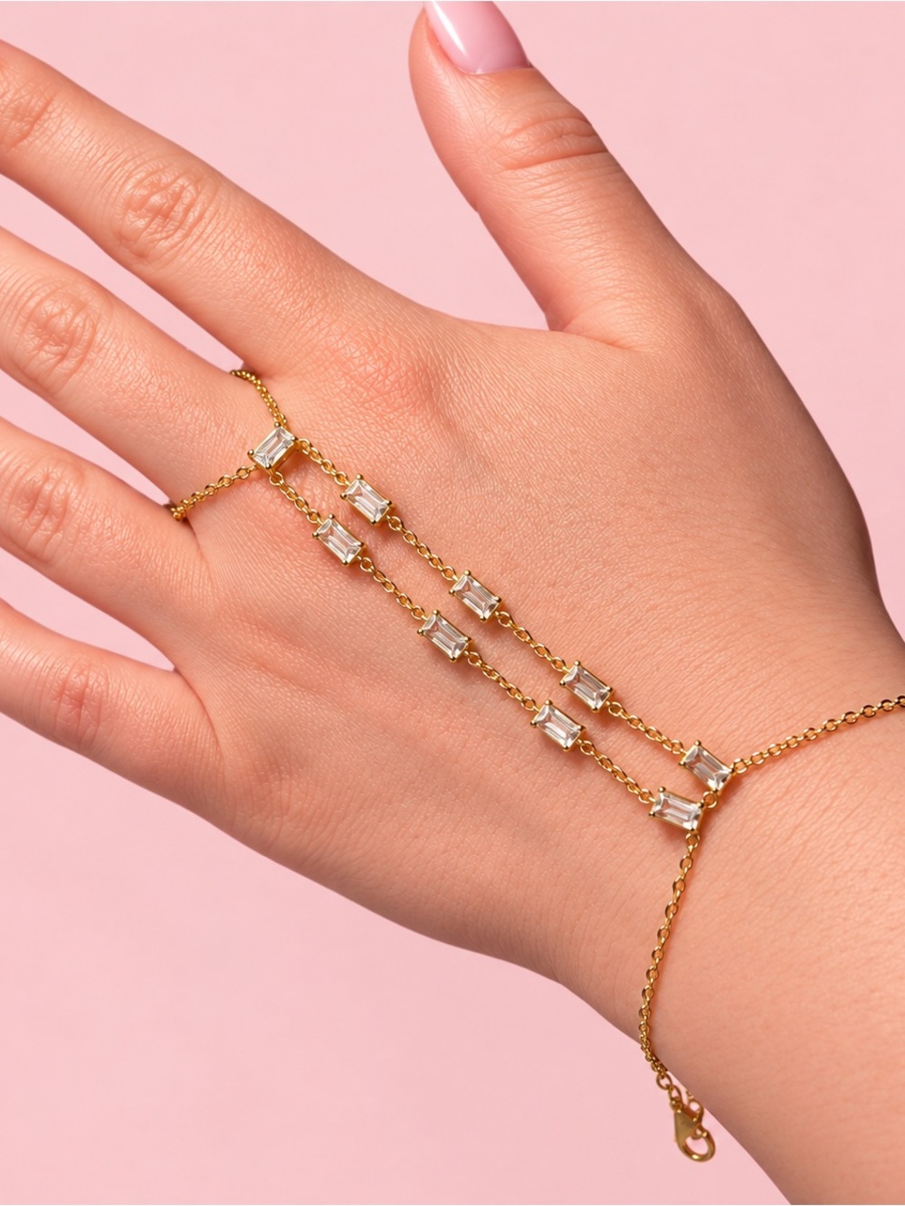 18K Gold CZ Double Chain Hand Bracelet Non-Tarnish